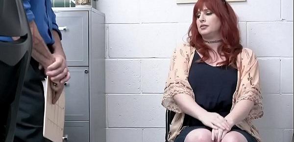  Smoking hot redhead MILF Amber Dawn enters a store and caught shoplifting some jewelries. She was interrogated and fucked by the cop for her freedom.